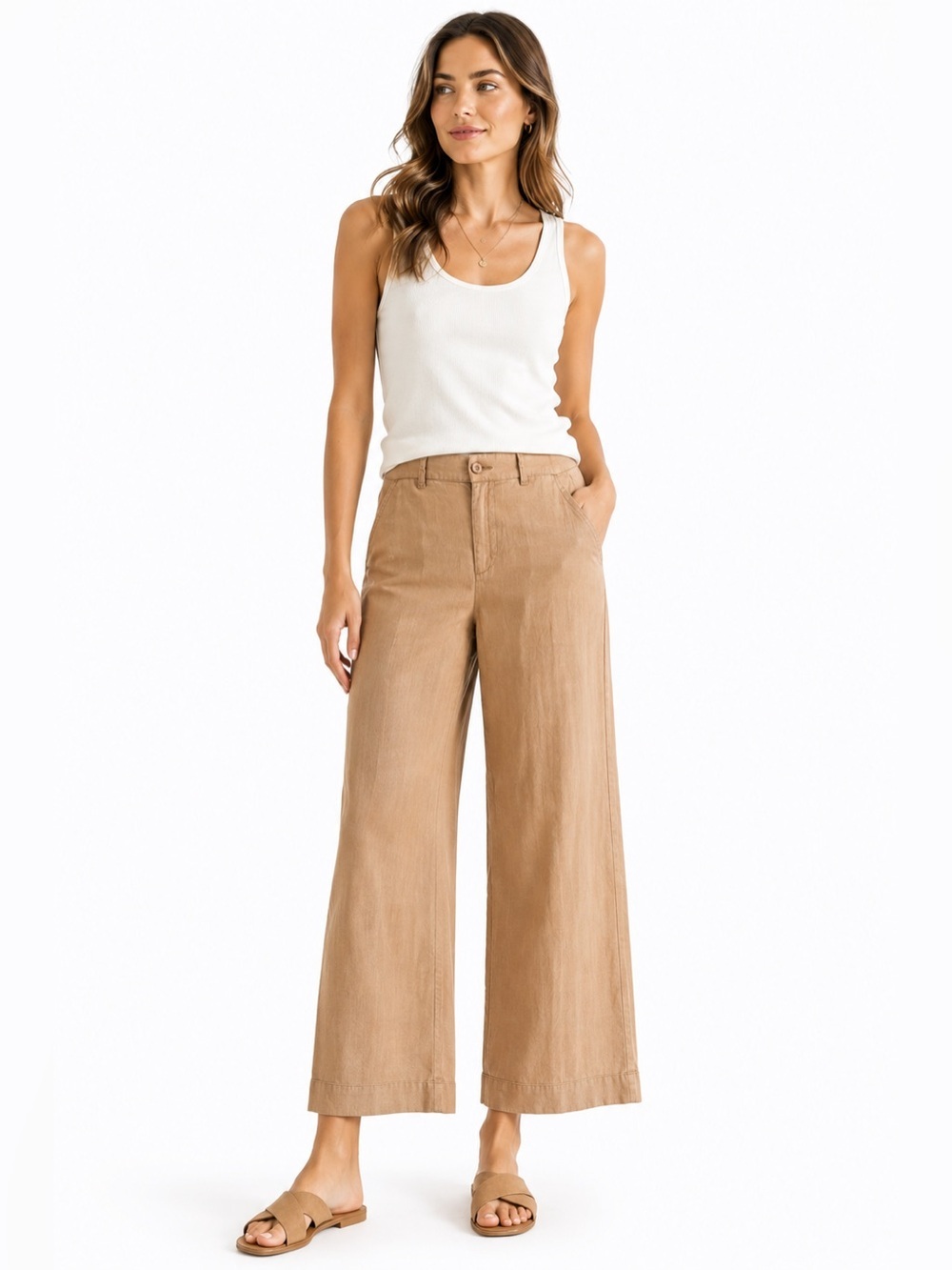 Evereve Womens Size 30 Tan Linen Blend Pants Relaxed Wide Leg Coastal Beachy